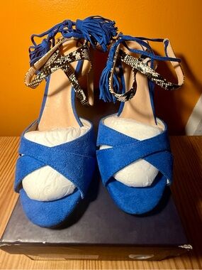 Women’s Blue Faux Suede Ankle-Tie Sandals with Snake-Print Accent